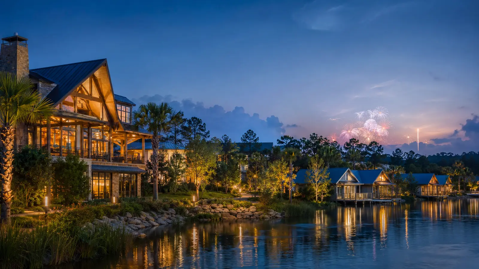 Resort de arquitetura inspirada na natureza às margens de um lago durante o anoitecer