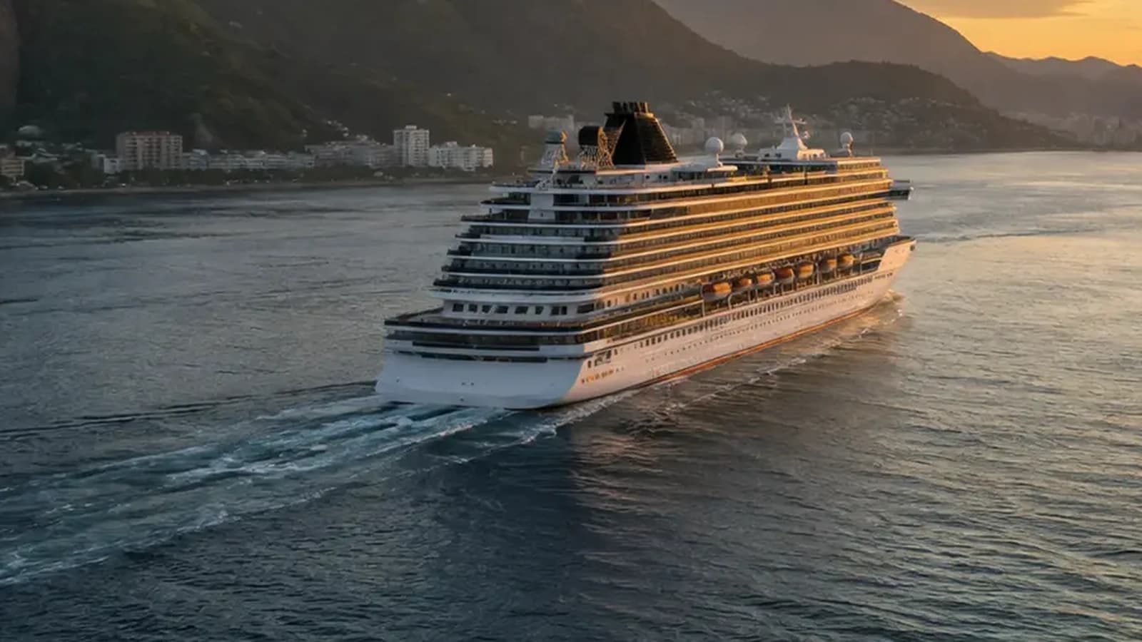 Navio de cruzeiro de luxo navegando ao amanhecer próximo a uma costa montanhosa