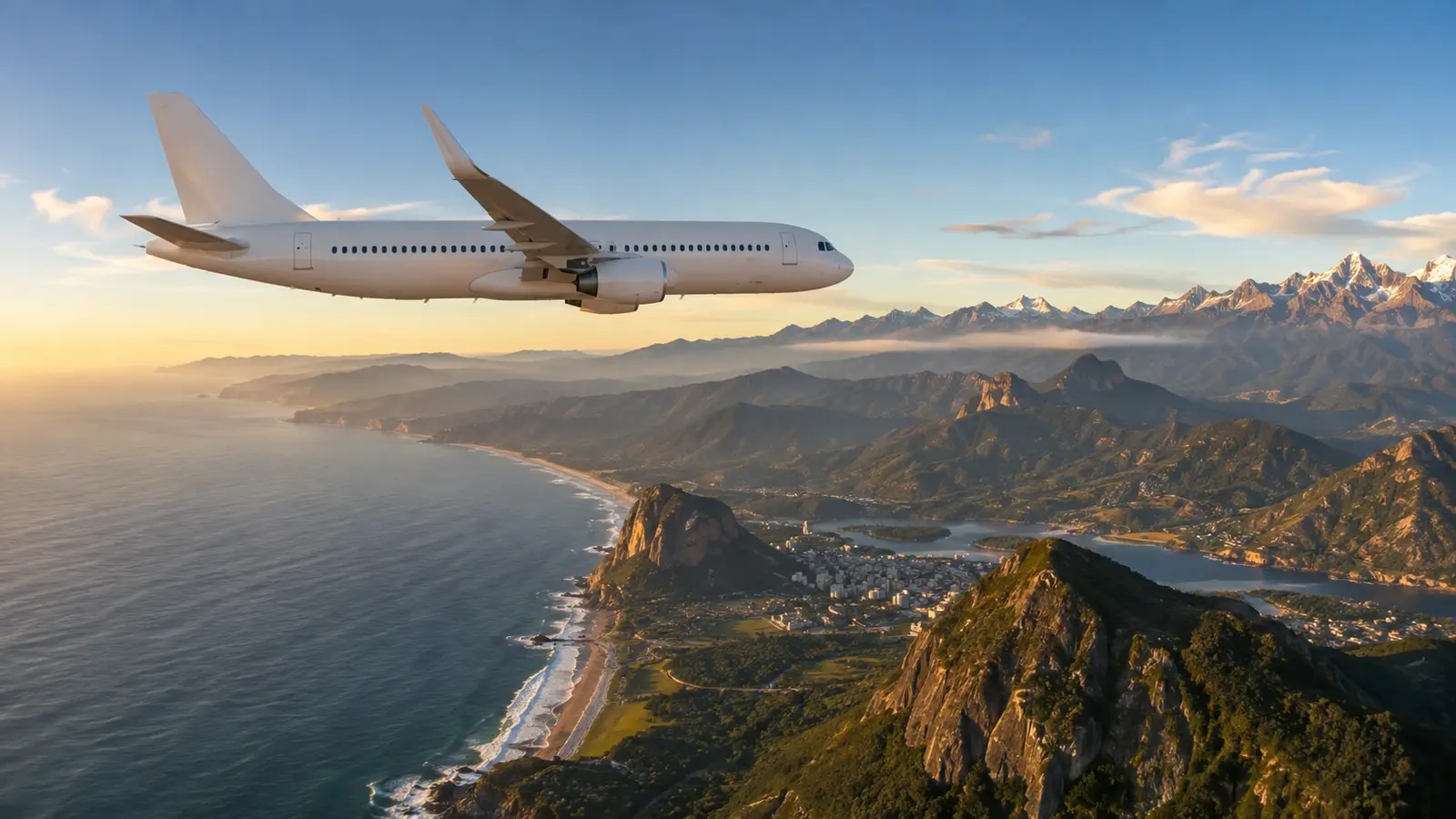 Aeronave comercial sobrevoando a costa entre montanhas e oceano