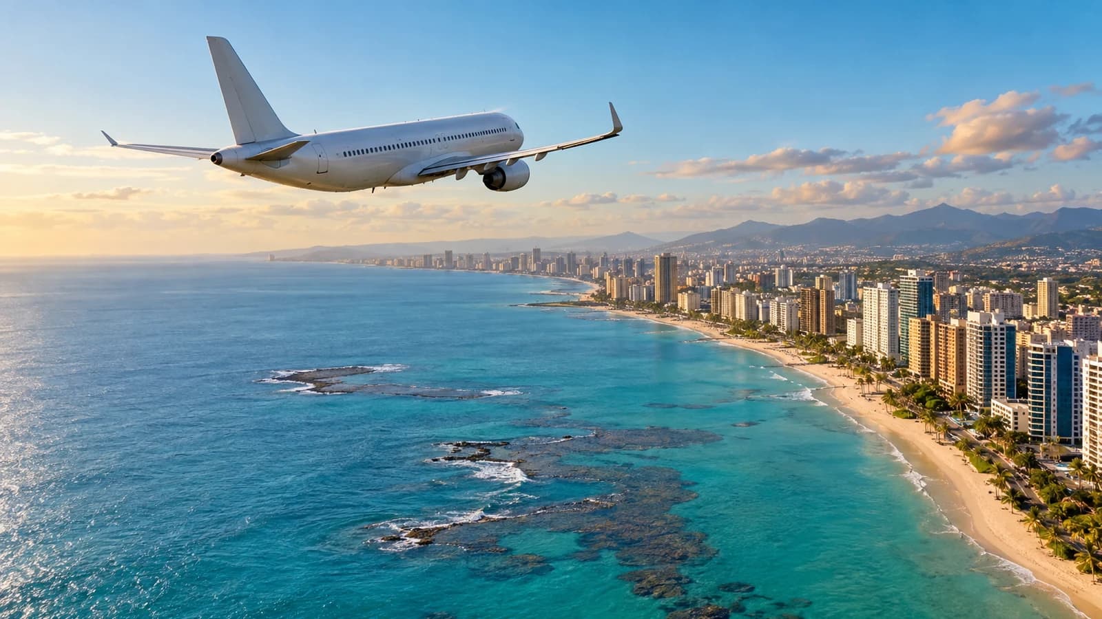 Aeronave comercial em voo com skyline urbano ao fundo, representando a ligação aérea entre São Paulo e Caracas